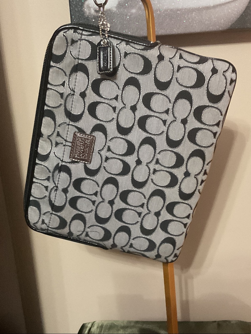 Coach Poppy Gray and Black Signature Tablet Pouch with Charm